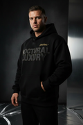 GRNDWRK™ Signature Box-Fit Hoodie front view, jet black with gold embroidered chest logo