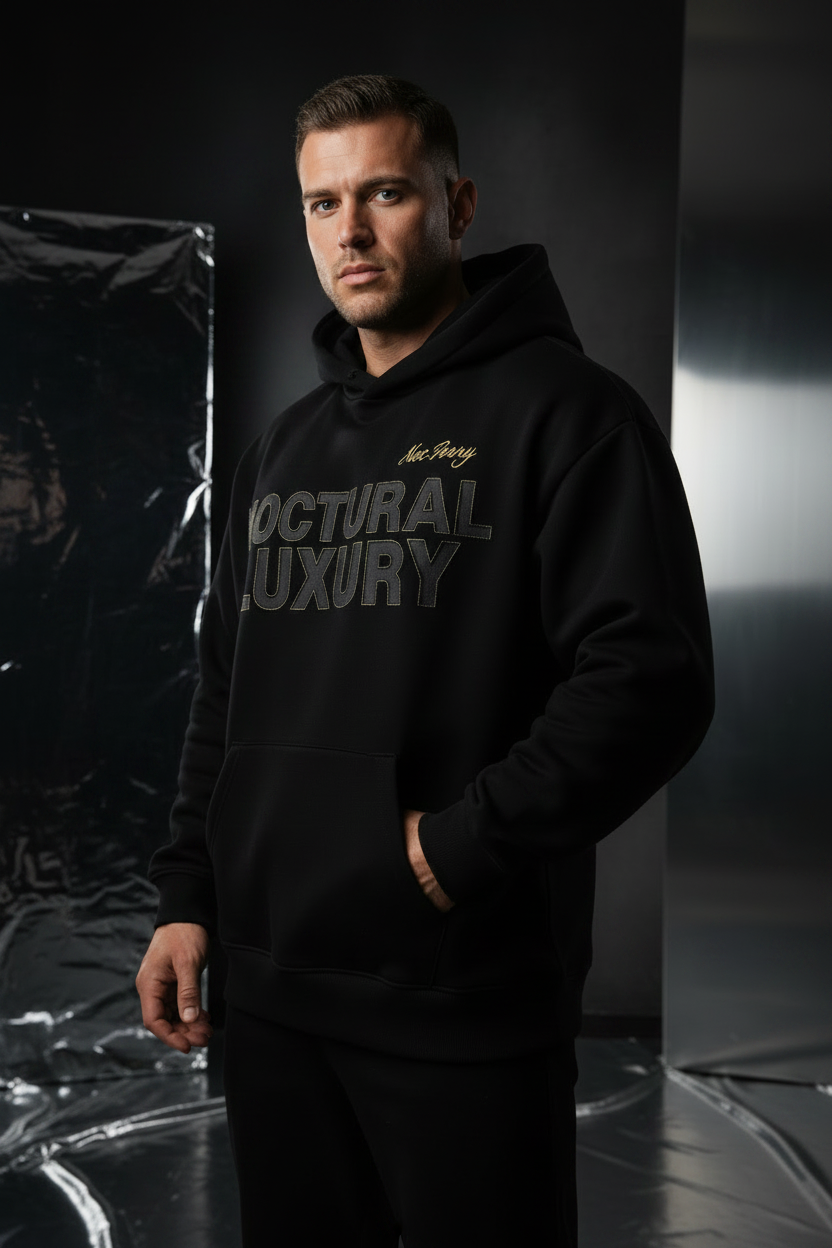 GRNDWRK™ Signature Box-Fit Hoodie 3/4 angle editorial pose