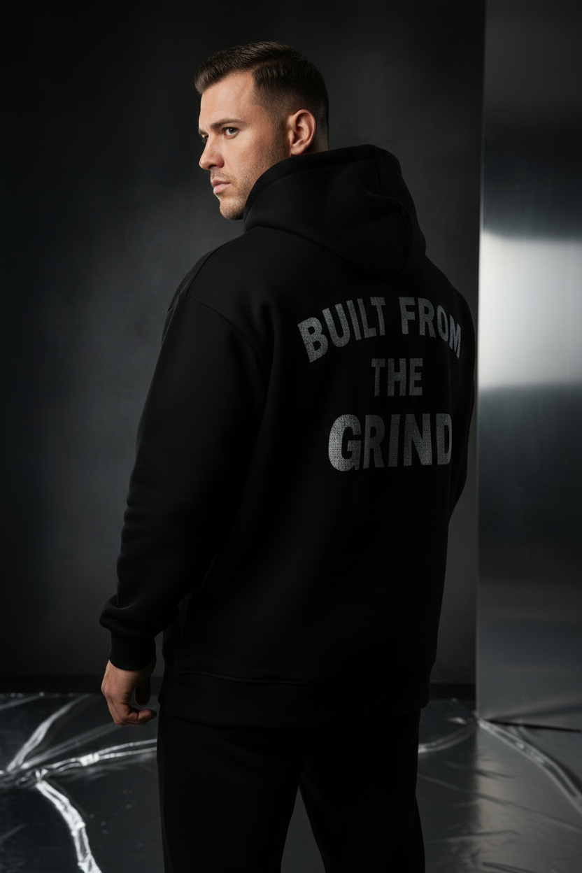 GRNDWRK™ Signature Box-Fit Hoodie back view showing BUILT FROM THE GRIND graphic