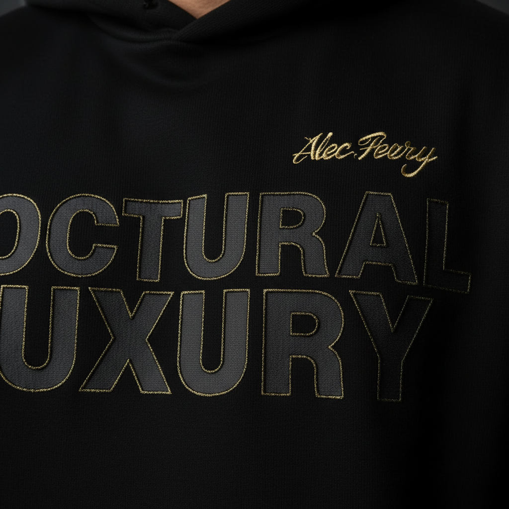 GRNDWRK™ gold embroidered logo detail close-up on heavyweight black fleece